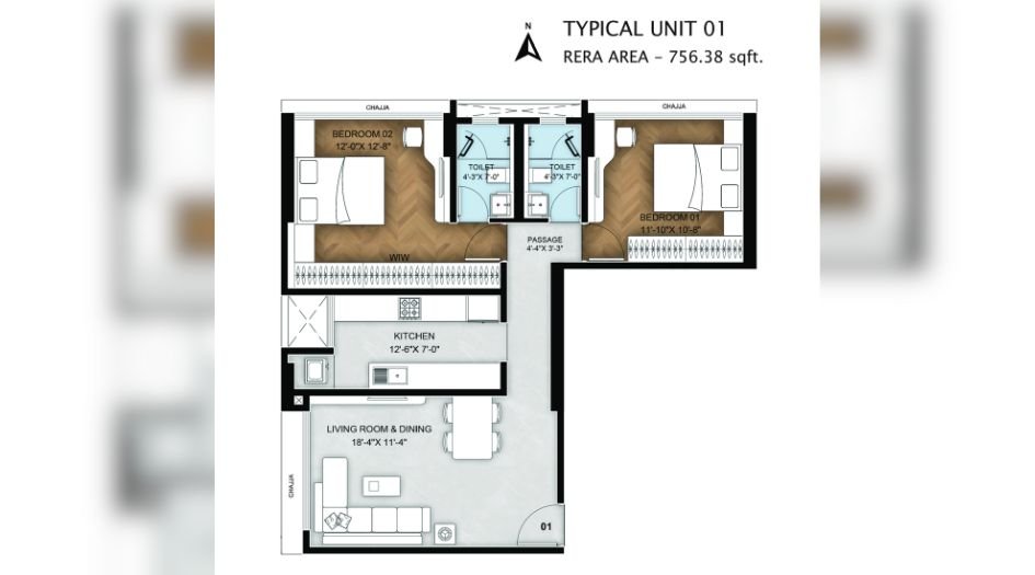 Bluestone-Tulsi-Heritage-Floor-Plan-2 BHK- 756 Sqft